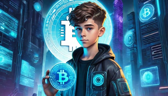 young boy holding cryptocurrency in the hand